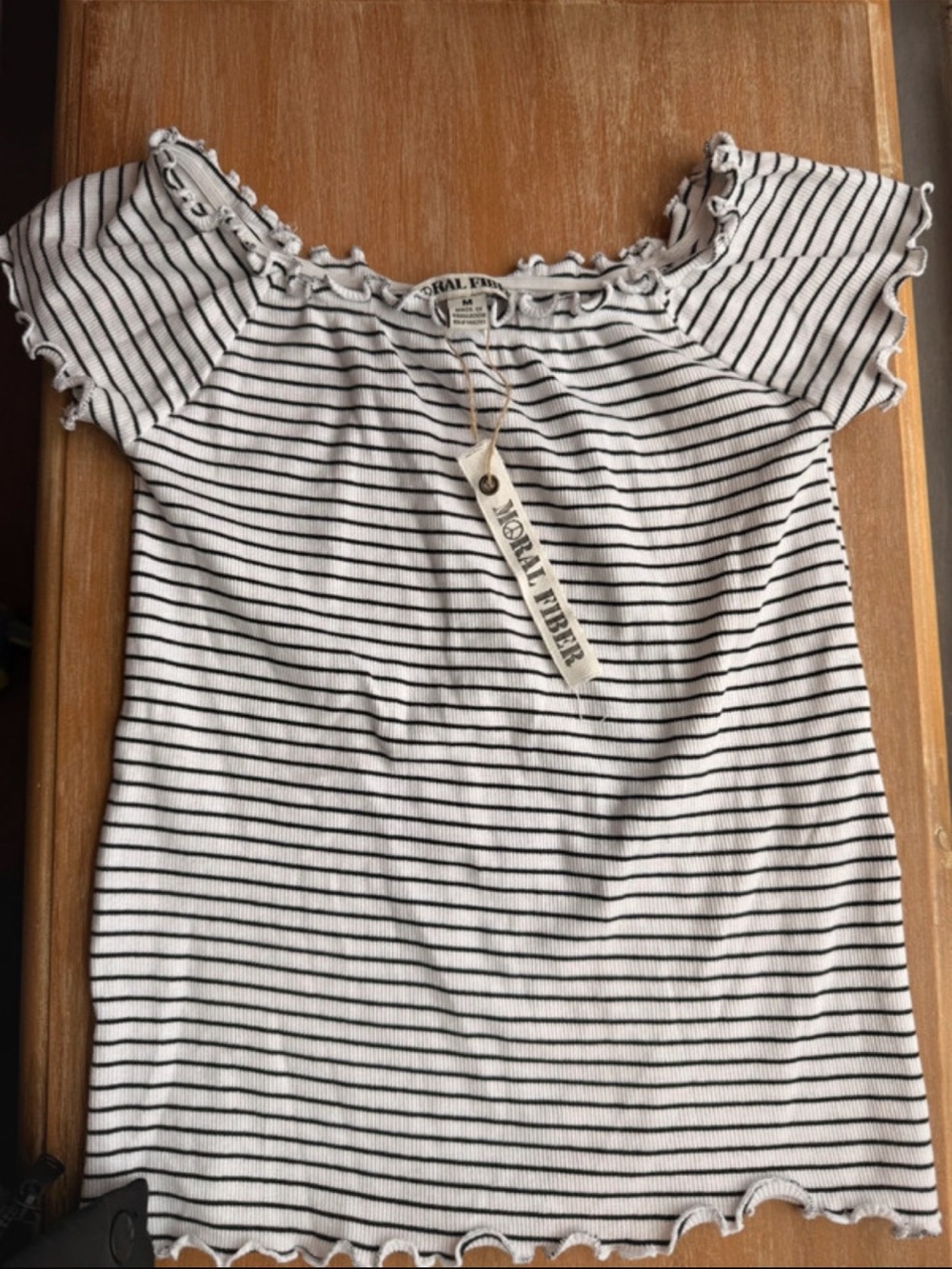 Moral Fiber White & Black Striped Ruffle Crop Top